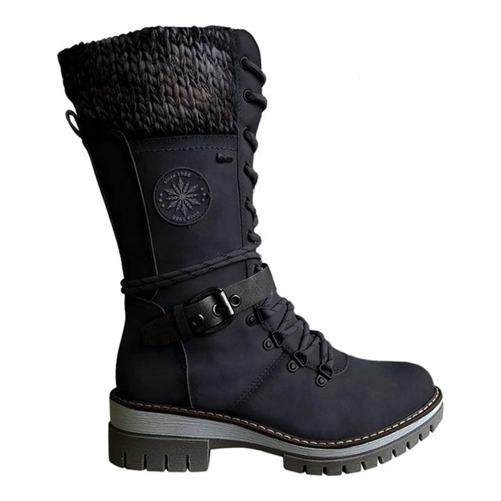 Damen Winterstiefel Schnürung Strickbund Warme Winterschuhe