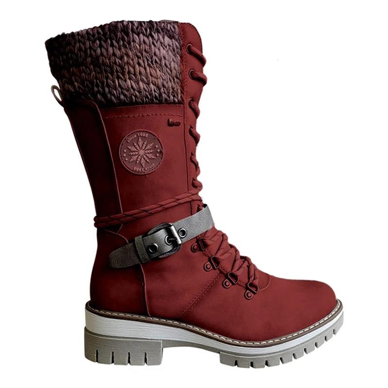 Damen Winterstiefel Schnürung Strickbund Warme Winterschuhe