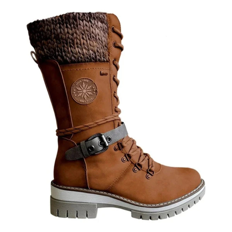Damen Winterstiefel Schnürung Strickbund Warme Winterschuhe