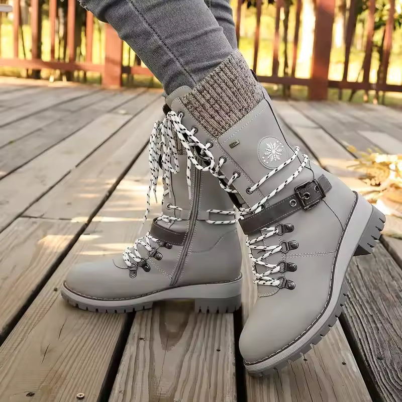Damen Winterstiefel Schnürung Strickbund Warme Winterschuhe