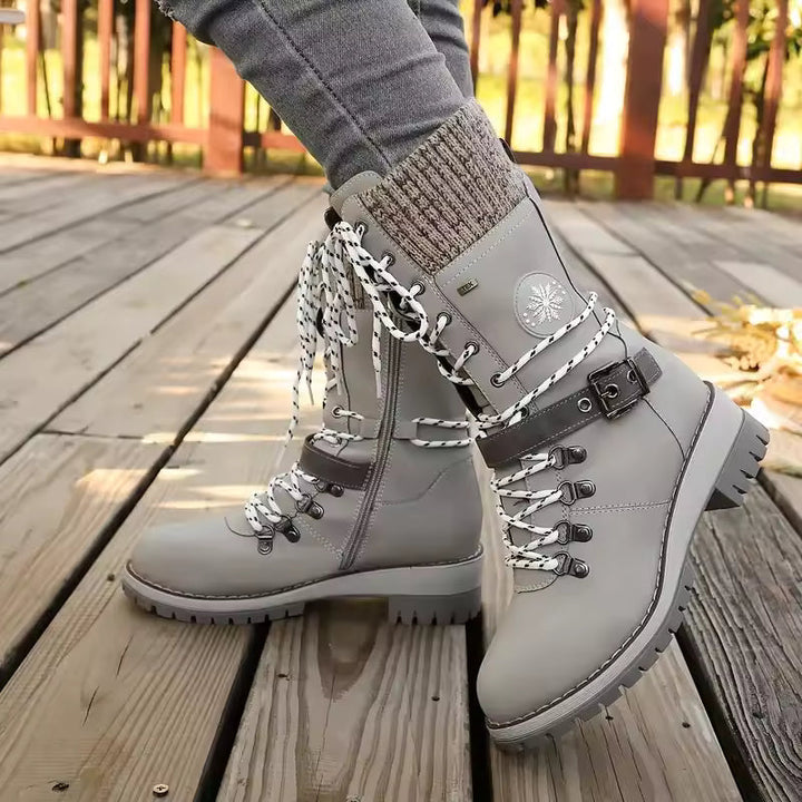 Damen Winterstiefel Schnürung Strickbund Warme Winterschuhe