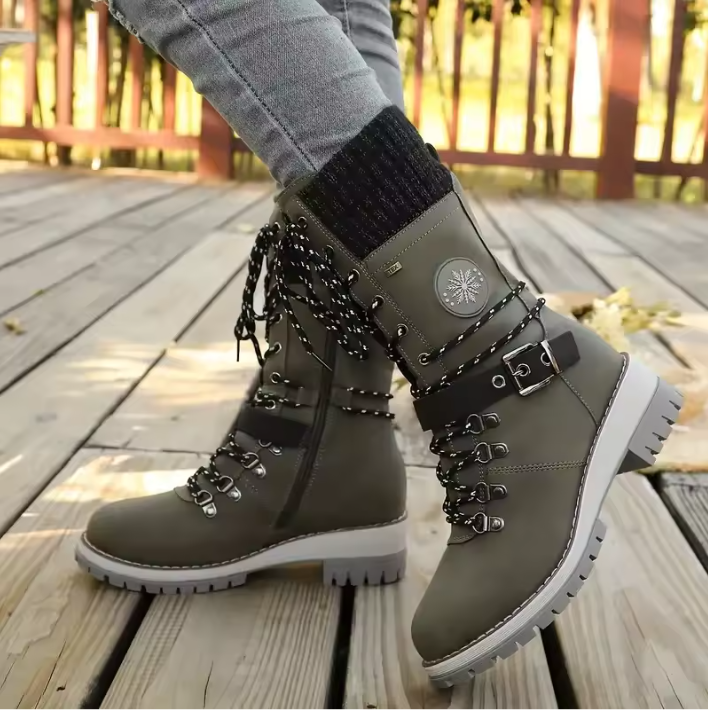 Damen Winterstiefel Schnürung Strickbund Warme Winterschuhe