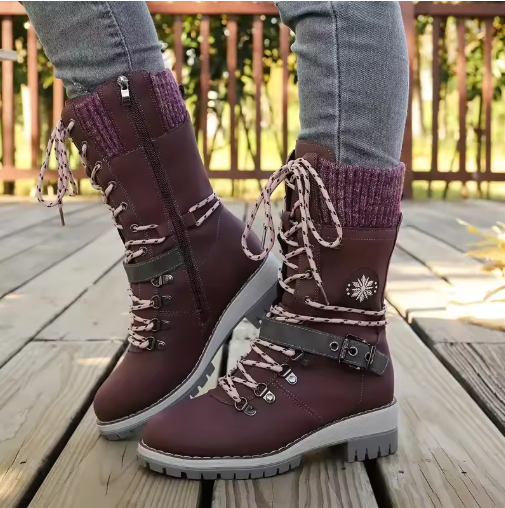 Damen Winterstiefel Schnürung Strickbund Warme Winterschuhe