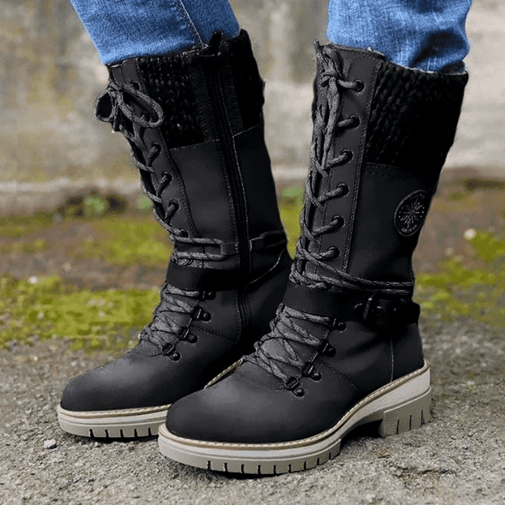 Damen Winterstiefel Schnürung Strickbund Warme Winterschuhe