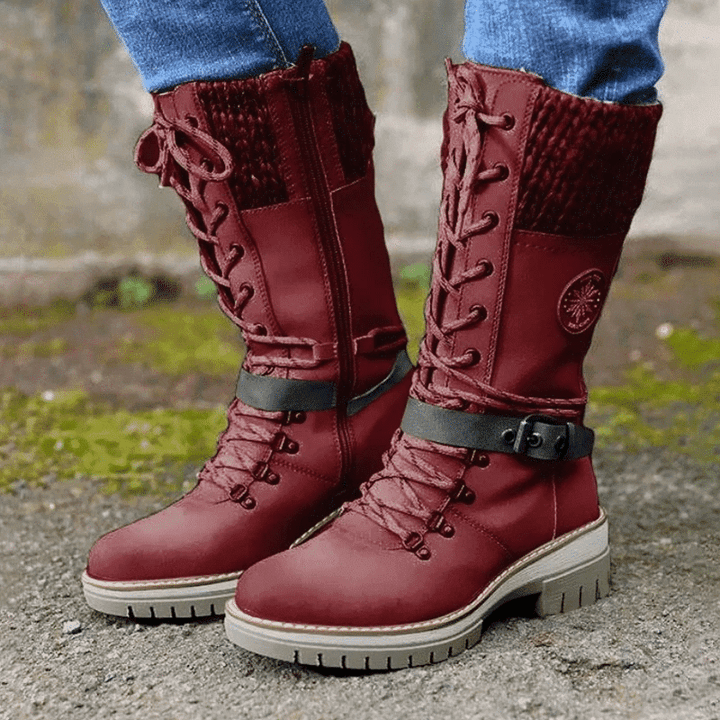 Damen Winterstiefel Schnürung Strickbund Warme Winterschuhe