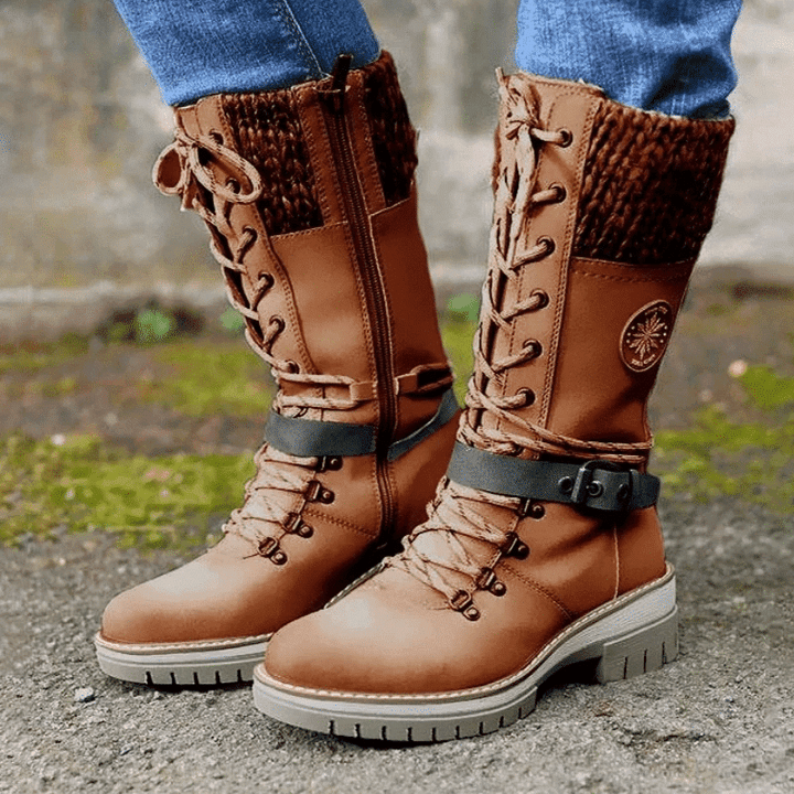 Damen Winterstiefel Schnürung Strickbund Warme Winterschuhe