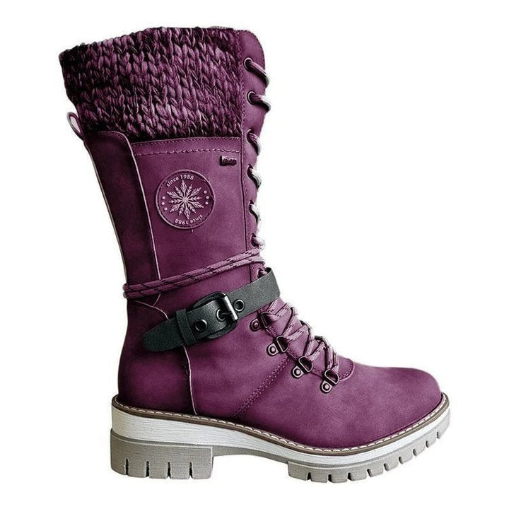 Damen Winterstiefel Schnürung Strickbund Warme Winterschuhe