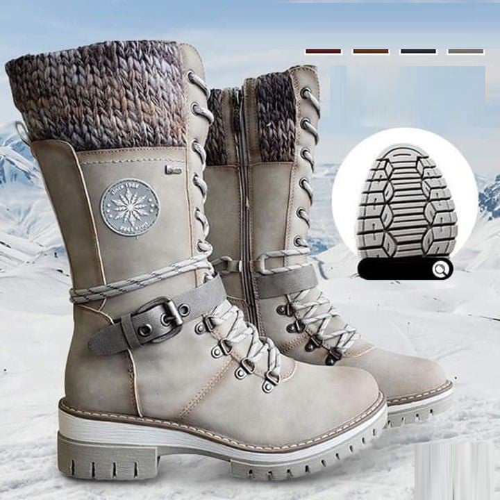 Damen Winterstiefel Schnürung Strickbund Warme Winterschuhe