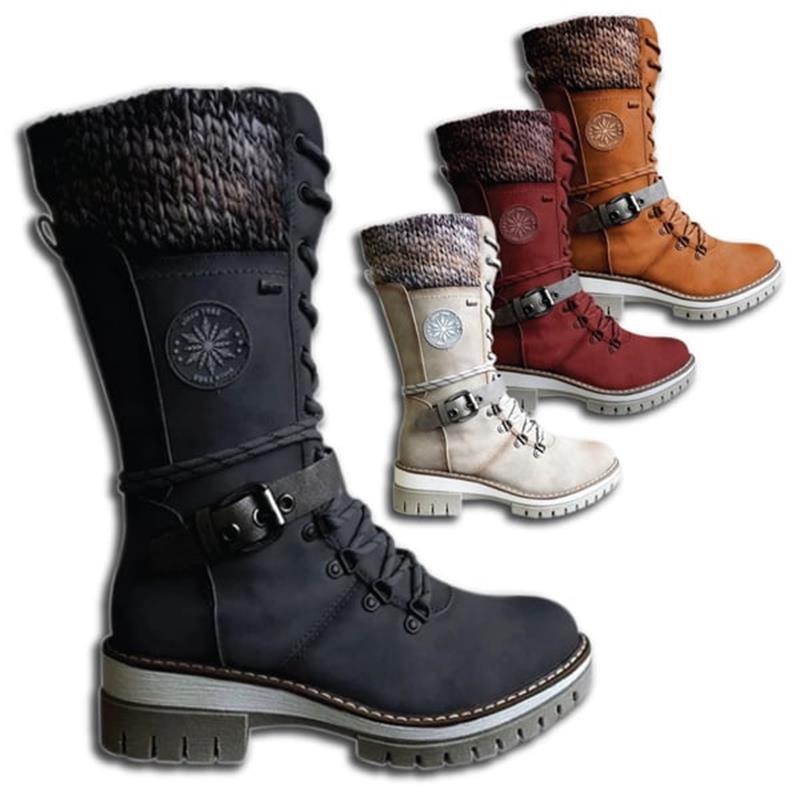 Damen Winterstiefel Schnürung Strickbund Warme Winterschuhe