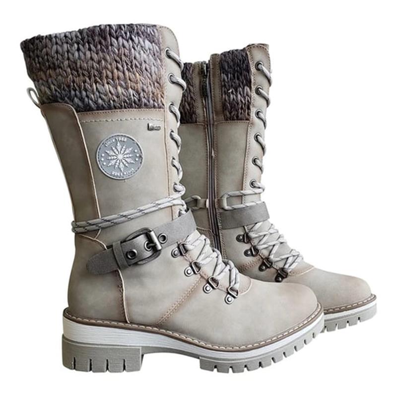 Damen Winterstiefel Schnürung Strickbund Warme Winterschuhe