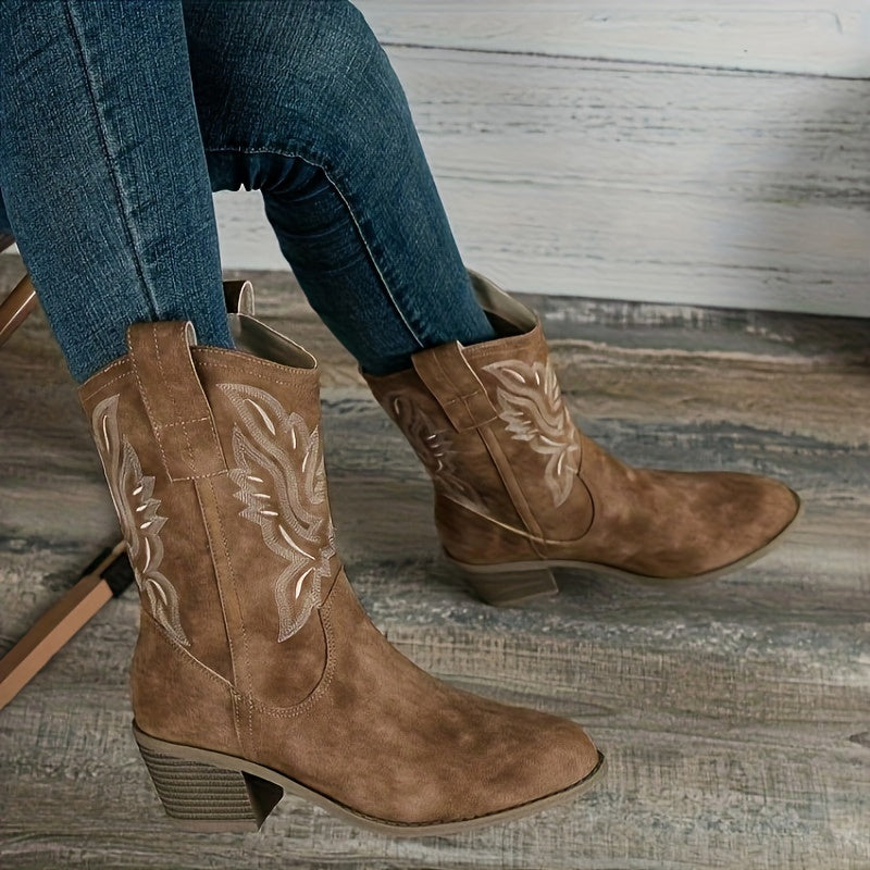 Damen Cowboystiefel Stickerei Blockabsatz Weiter Schaft Stiefel