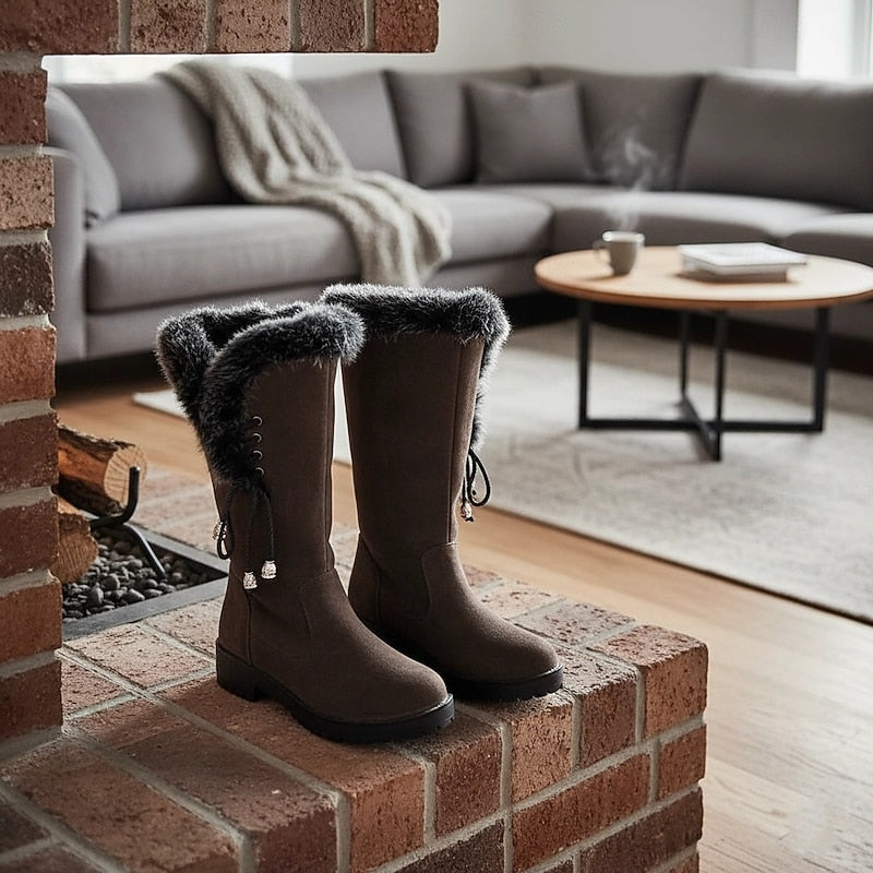Damen Winterstiefel Kniehoch Kunstfell Blockabsatz Winterschuhe