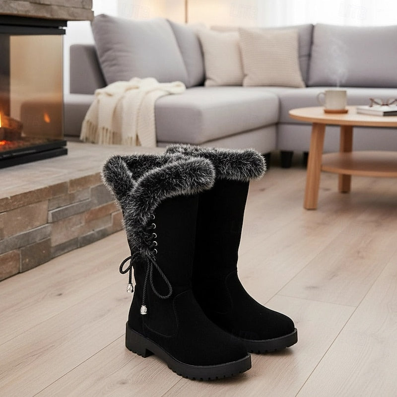 Damen Winterstiefel Kniehoch Kunstfell Blockabsatz Winterschuhe
