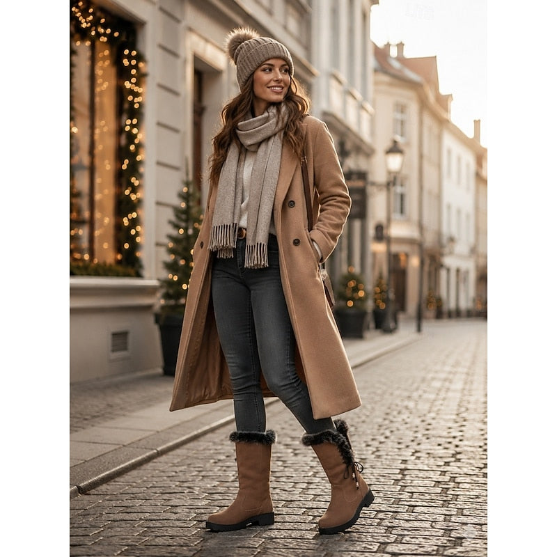 Damen Winterstiefel Kniehoch Kunstfell Blockabsatz Winterschuhe