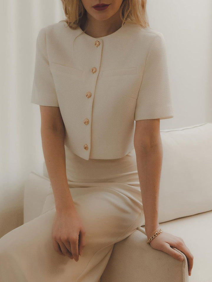 Chic Cropped Blazer with Gold Buttons and Short Sleeves