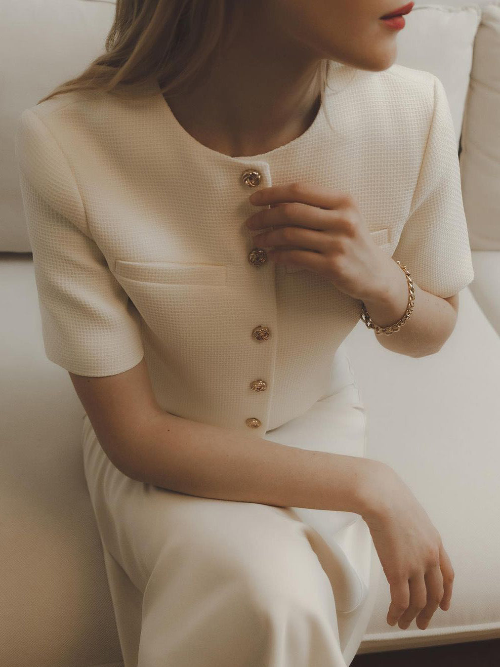 Chic Cropped Blazer with Gold Buttons and Short Sleeves