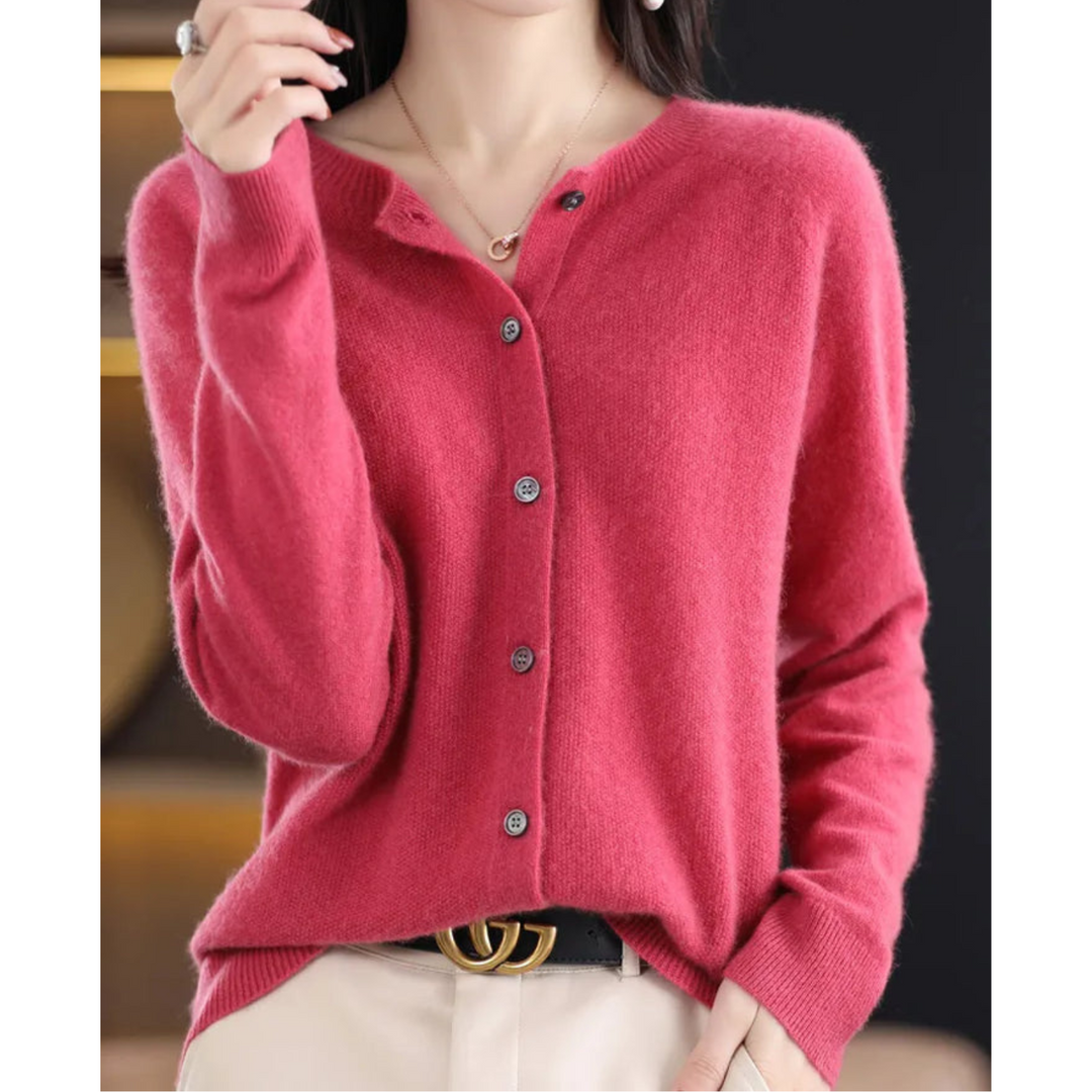 Damen Cardigan mit Rundhals und langen Ärmeln - Dunkelrosa