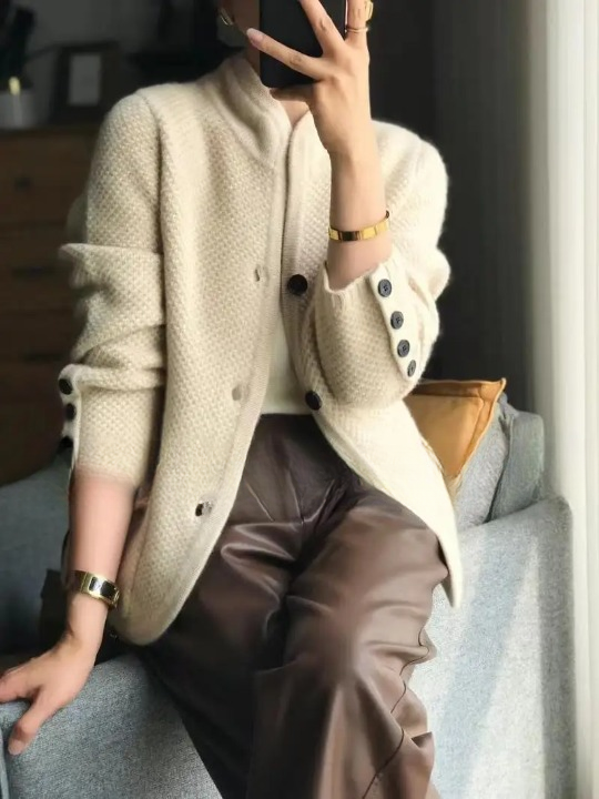Damen Cardigan mit Strukturstrick und Stehkragen