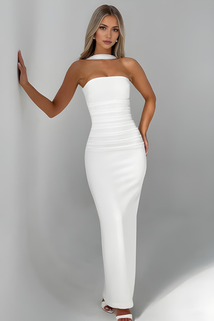 White strapless bodycon maxi dress with halter neck and ruched waist detail