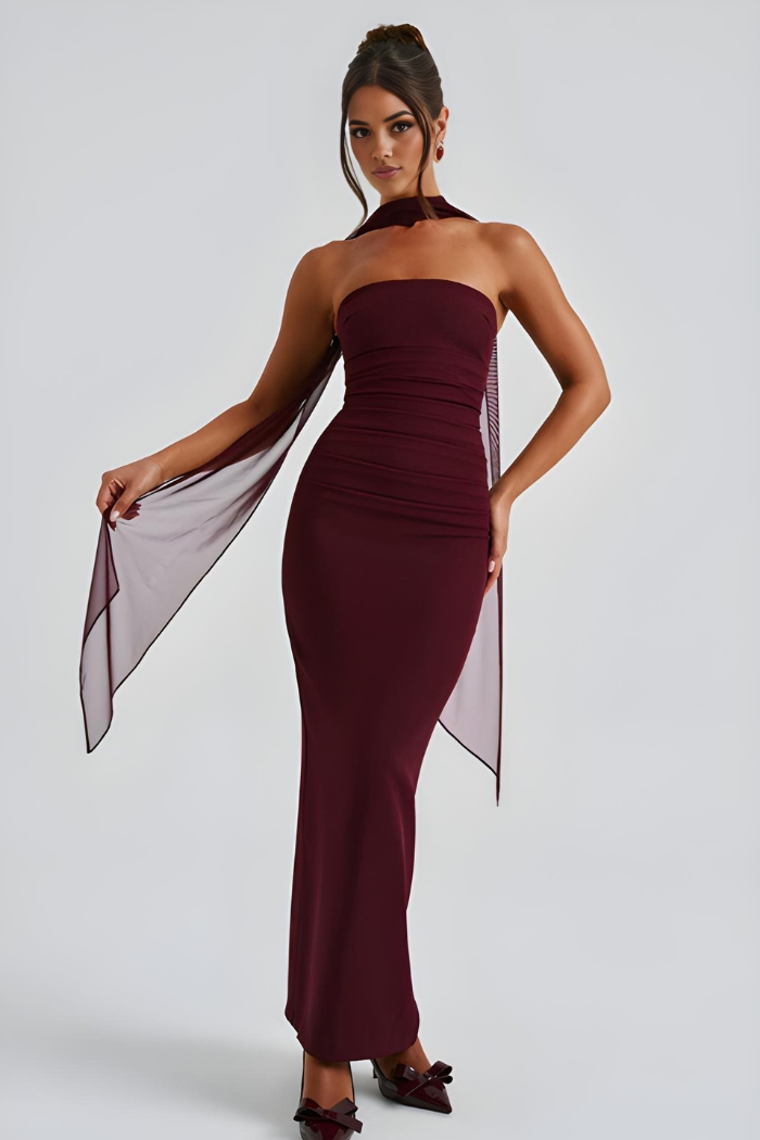 Burgundy strapless bodycon maxi dress with halter neck and chiffon overlay