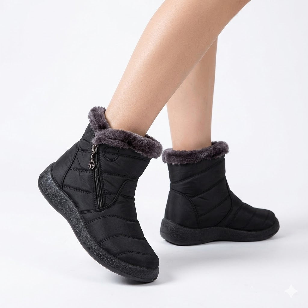 Damen gefütterte Winterboots mit Plüschrand und Seitenreissverschluss