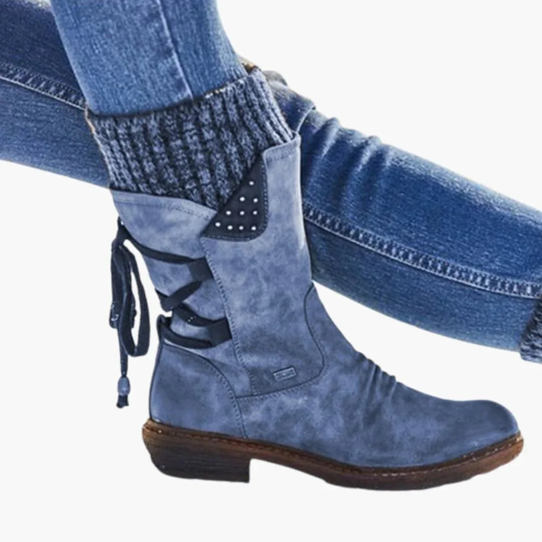 Damen Halbstiefel mit Strickbündchen und Schnürung hinten