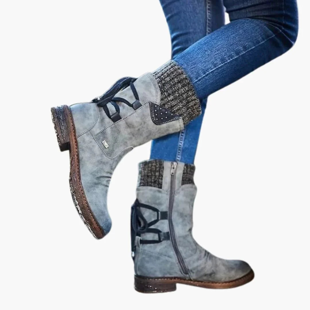 Damen Halbstiefel mit Strickbündchen und Schnürung hinten