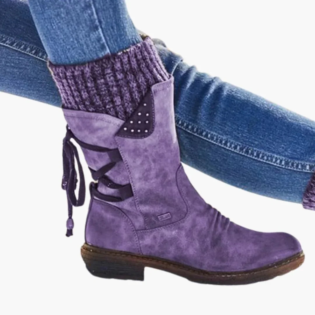 Damen Halbstiefel mit Strickbündchen und Schnürung hinten
