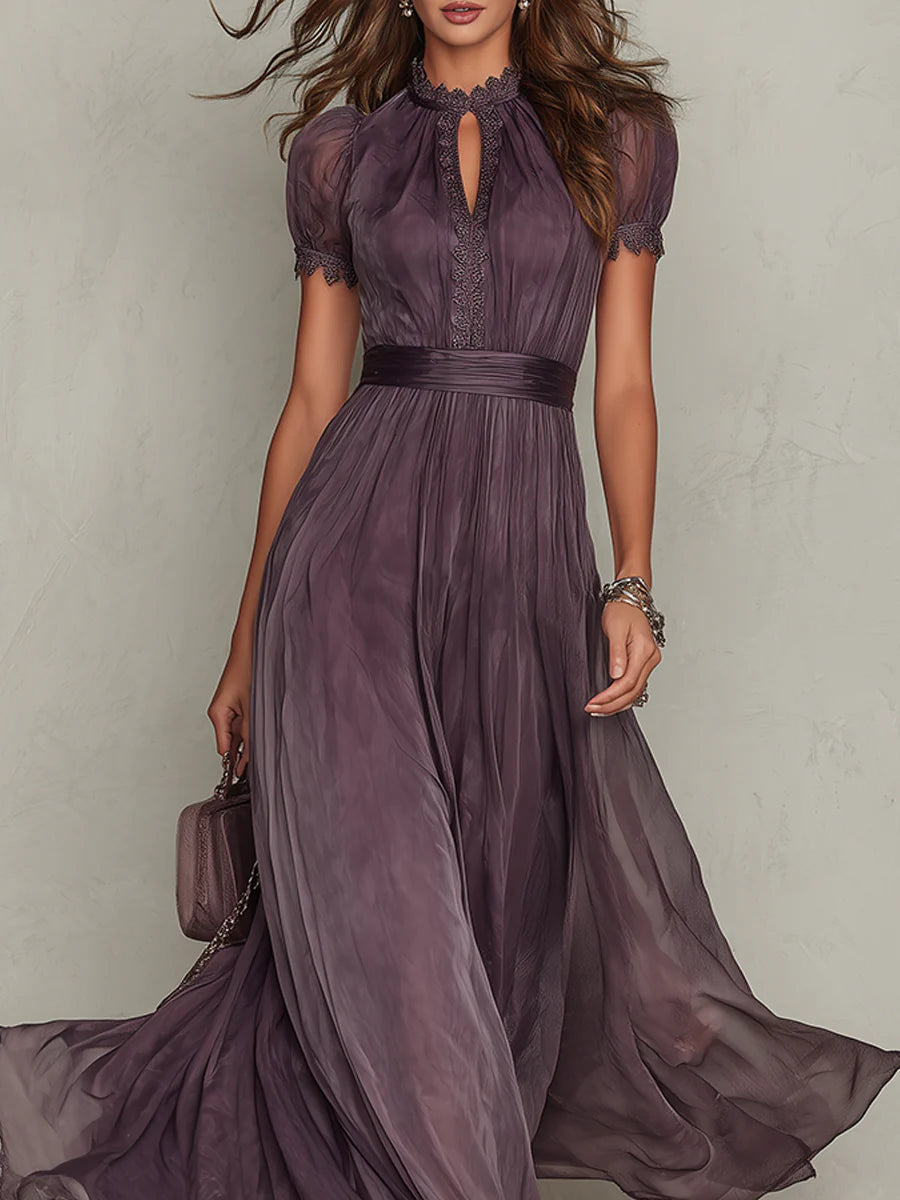 Purple keyhole maxi dress for women with lace collar, cinched waist, and soft draped skirt