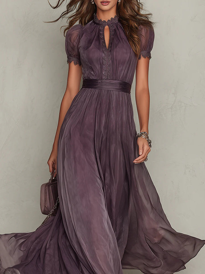 Purple keyhole maxi dress for women with lace collar, cinched waist, and soft draped skirt