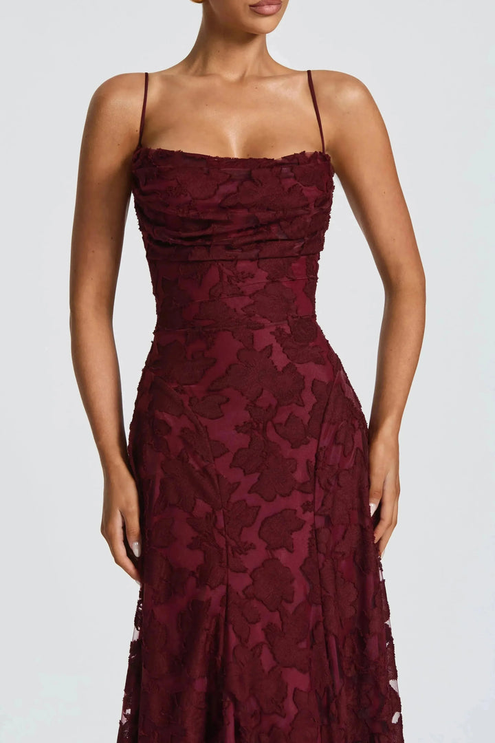 Burgundy floral lace maxi dress with ruched cowl neckline