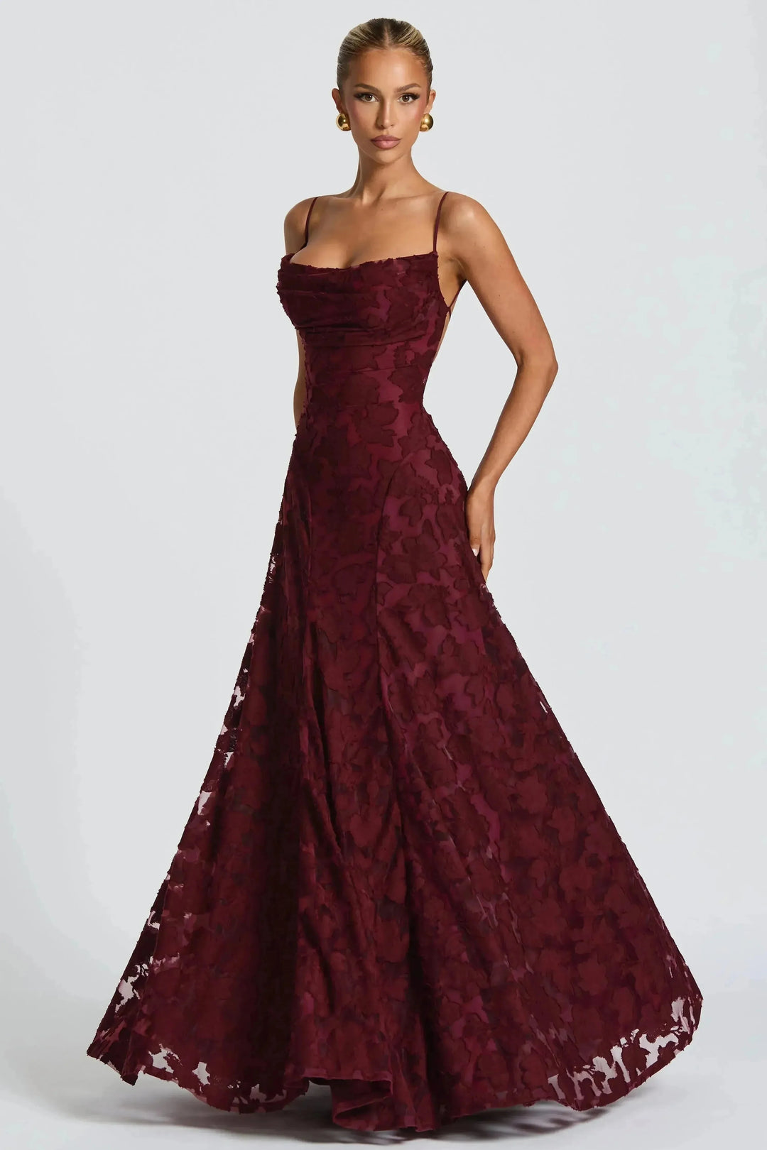 Burgundy floral lace cowl neck maxi dress with spaghetti straps