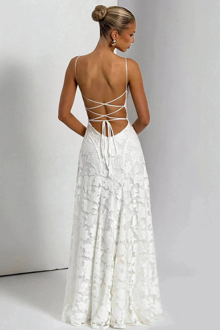 Ivory floral lace maxi dress back view with lace-up straps