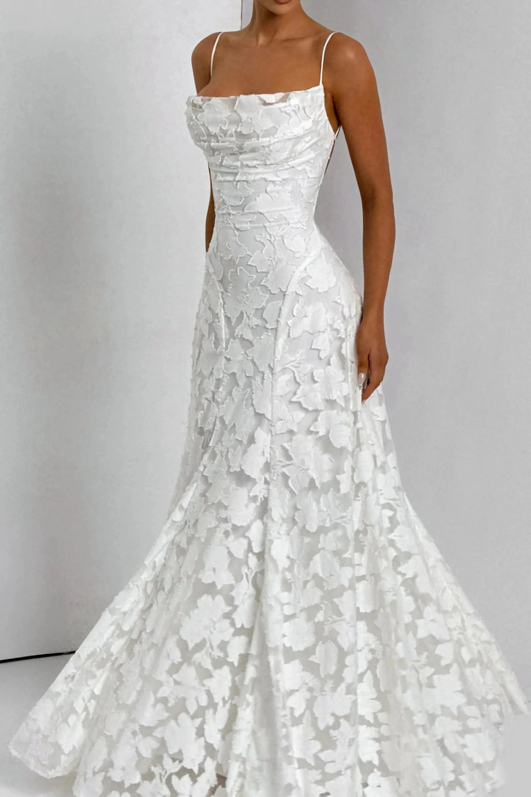 Ivory floral lace maxi dress front with cowl neckline detail