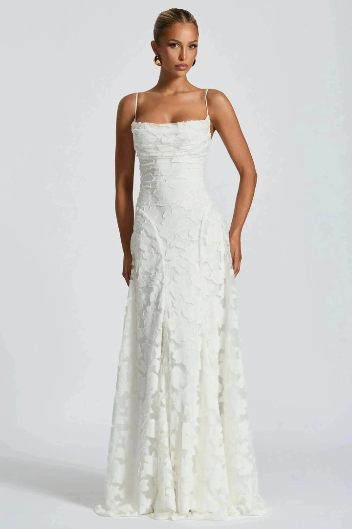 Ivory floral lace maxi dress full length front view