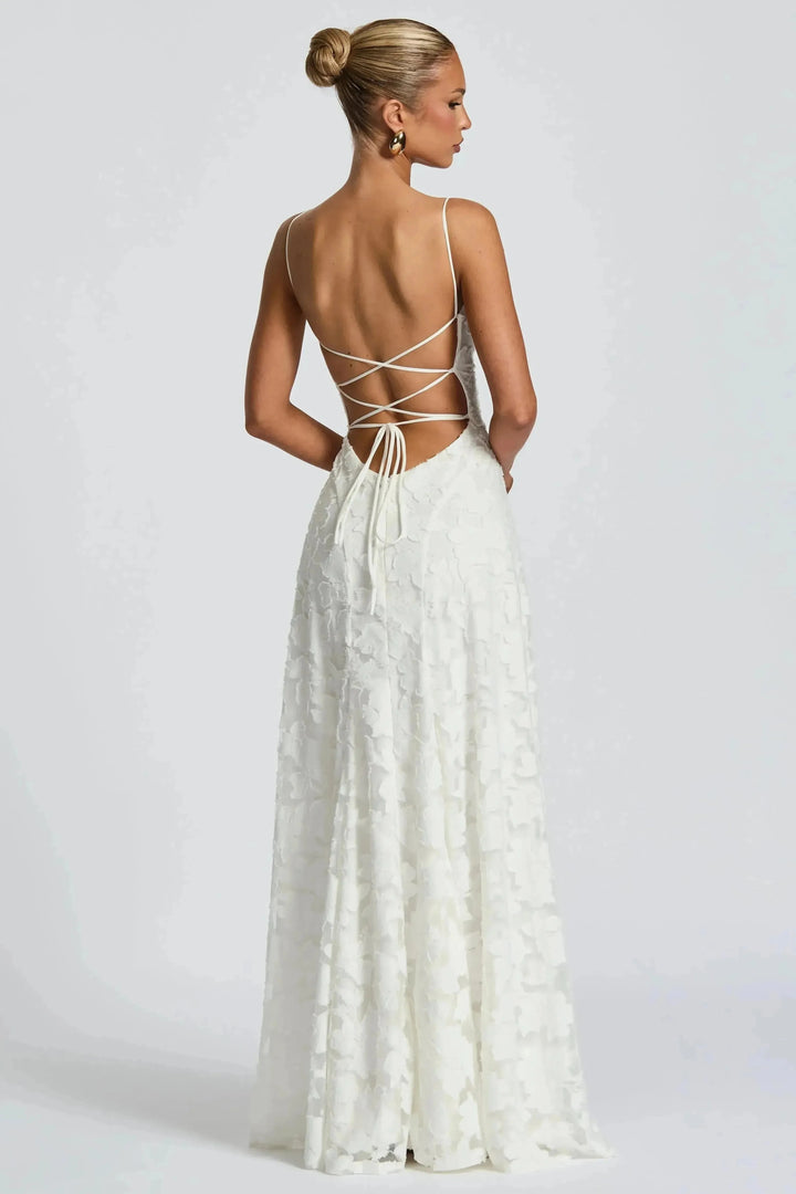 Ivory floral lace maxi dress back with lace-up tie closure