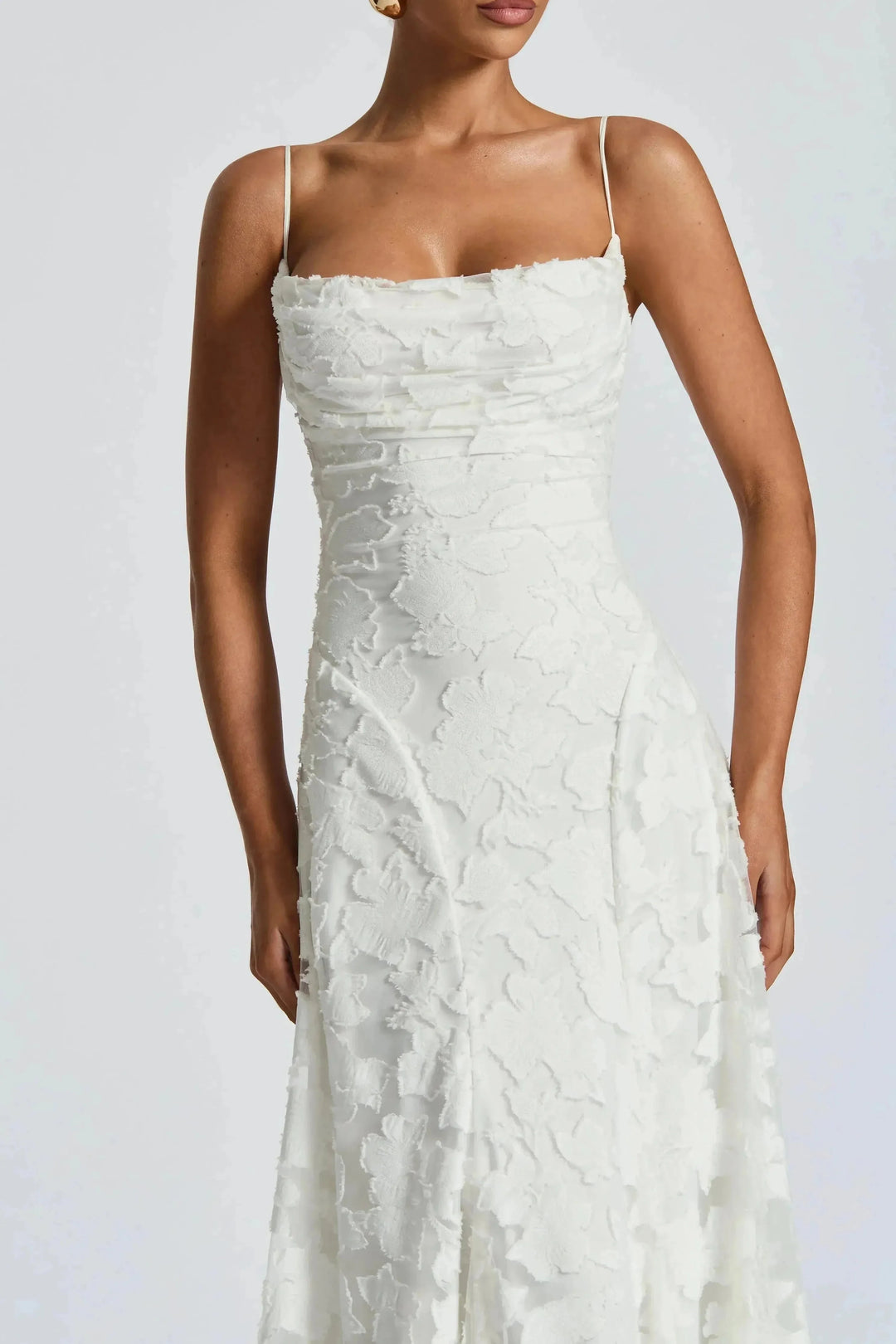 Ivory floral lace maxi dress close-up of ruched cowl neckline