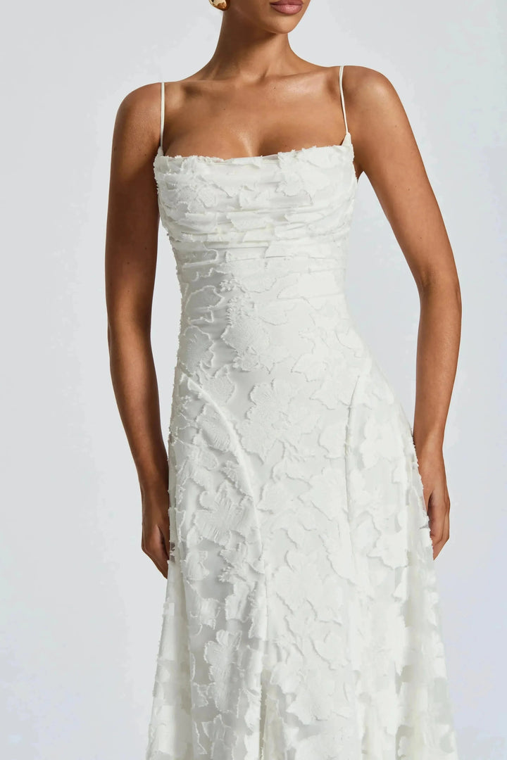 Ivory floral lace maxi dress close-up of ruched cowl neckline