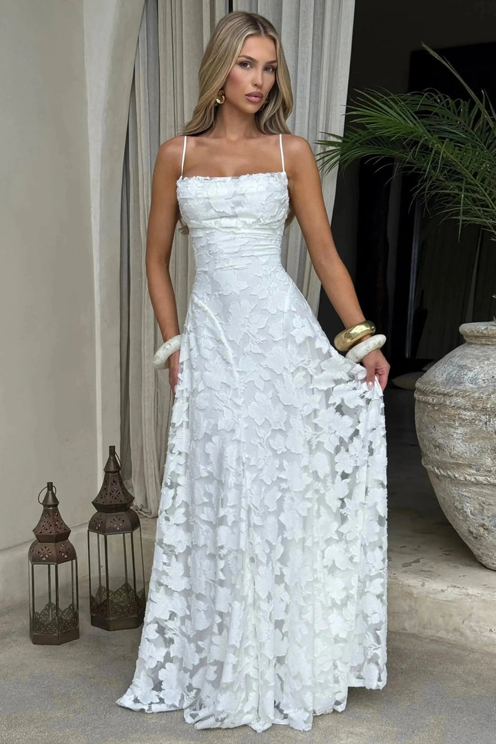Ivory floral lace maxi dress full length with textured fabric