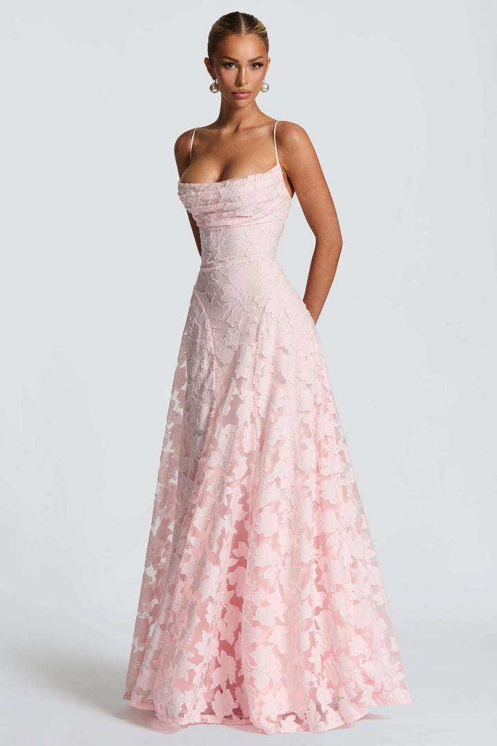 Front view pink floral cowl neck maxi dress with fitted bodice