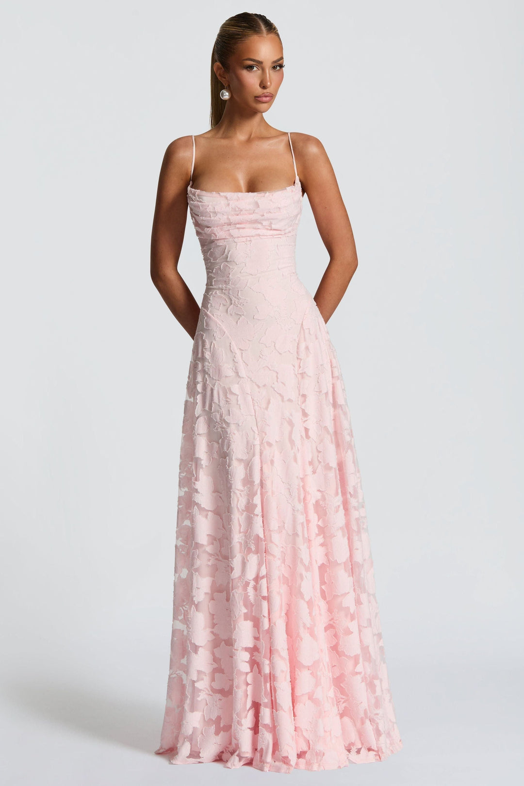 Pink floral maxi dress with ruched cowl neckline and A-line skirt