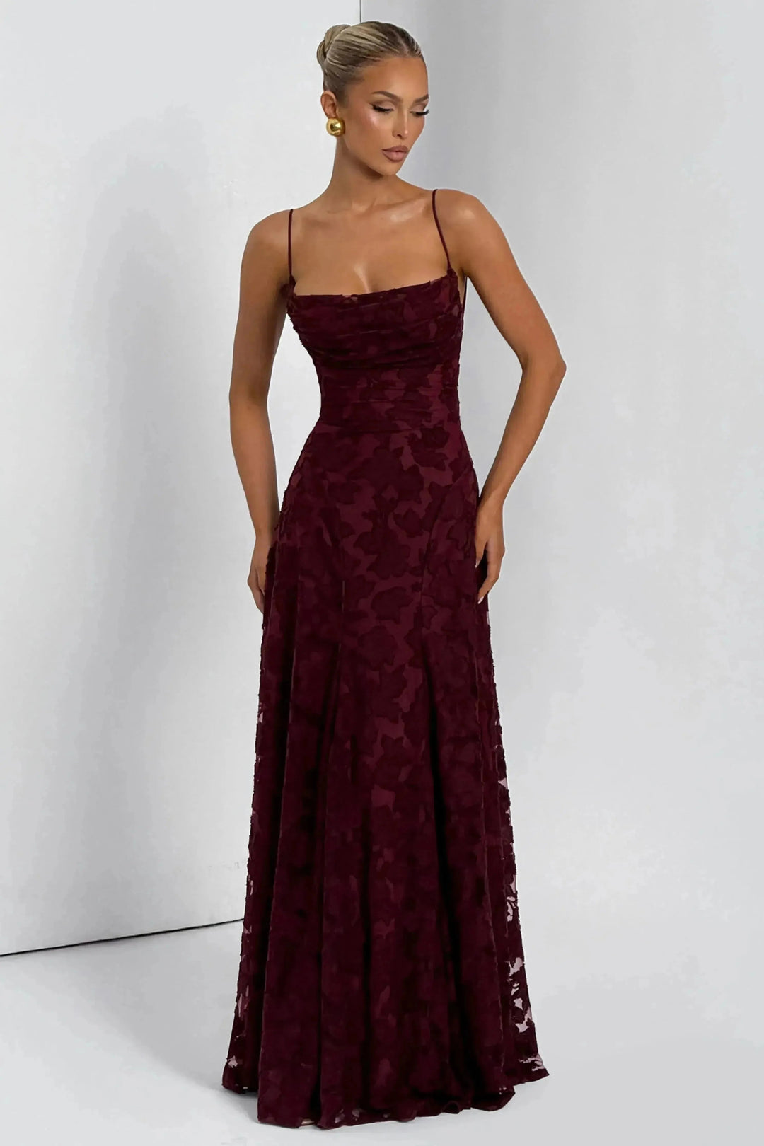 Burgundy floral maxi dress with cowl neckline and spaghetti straps