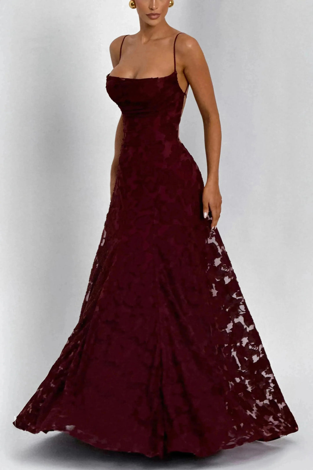 Burgundy floral maxi dress with cowl neck and fitted bodice detail