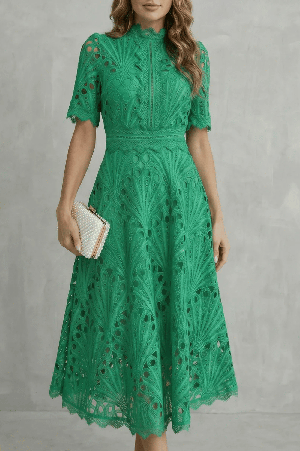 Emerald green lace high neck midi dress with short sleeves and scalloped hem for wedding guest