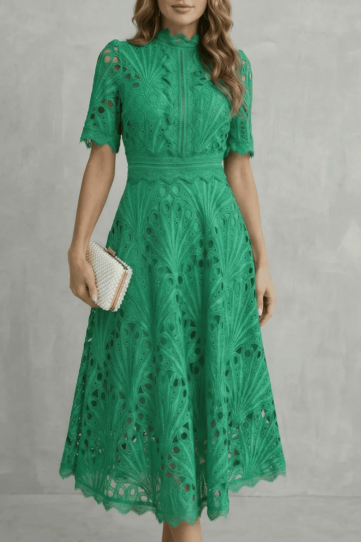 Emerald green lace high neck midi dress with short sleeves and scalloped hem for wedding guest