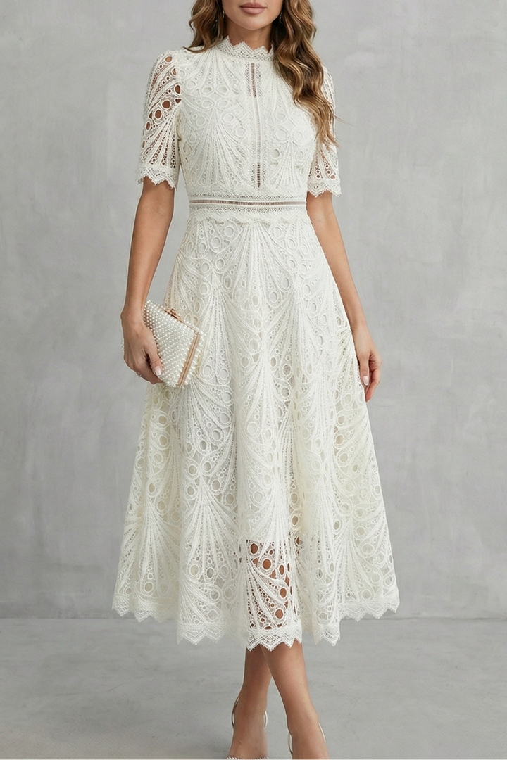 Ivory lace high neck midi dress with short sleeves and sheer patterned skirt for wedding guest