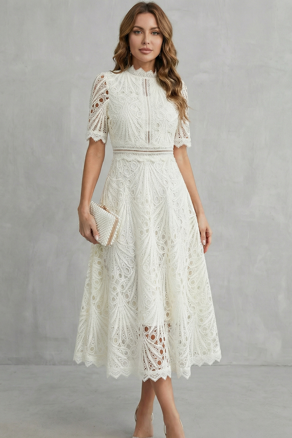 Front view of ivory lace midi dress with high neck, short sleeves, and fitted waist
