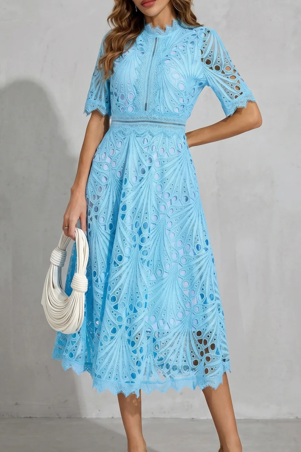 Light blue lace high neck midi dress with short sleeves and scalloped edges, wedding guest dress