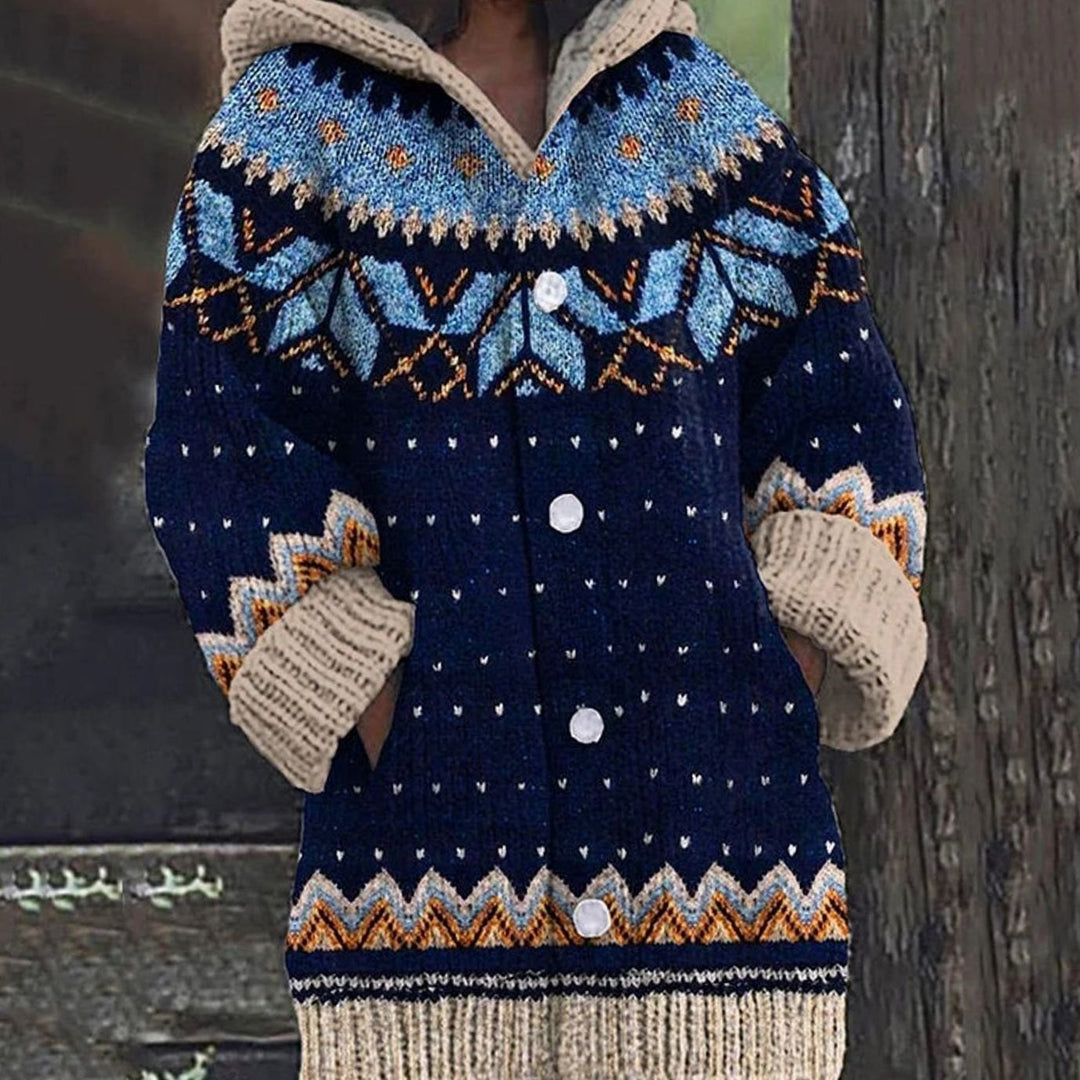 Damen Kapuzen-Strickjacke mit Norwegermuster