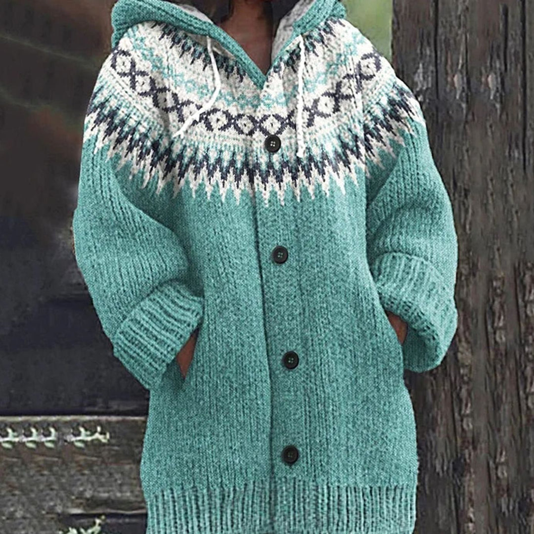 Damen Kapuzen-Strickjacke mit Norwegermuster